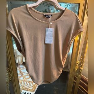 J. Ferrar Women's Short Sleeve Ribbed Top - Tan